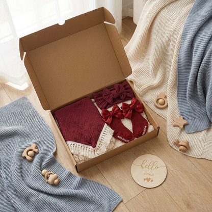Baby Care Gift Box – Towel, Socks or Headband & Bath Brush for Newborns
