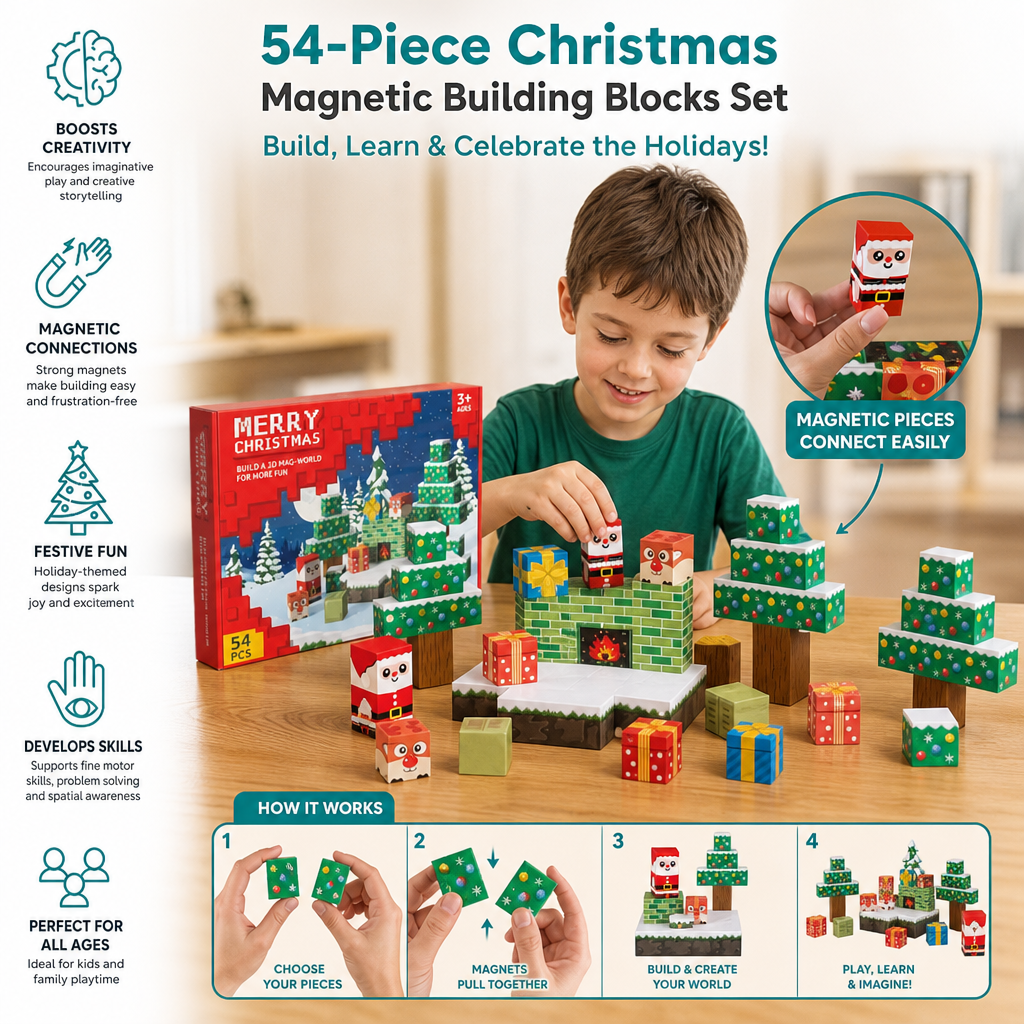 54-Piece Christmas Magnetic Building Blocks Set – Festive STEM Construction Toy