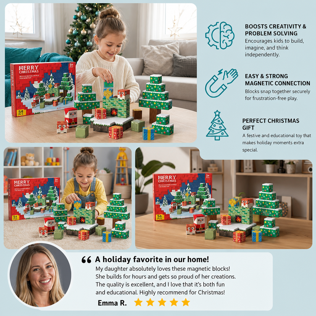54-Piece Christmas Magnetic Building Blocks Set – Festive STEM Construction Toy