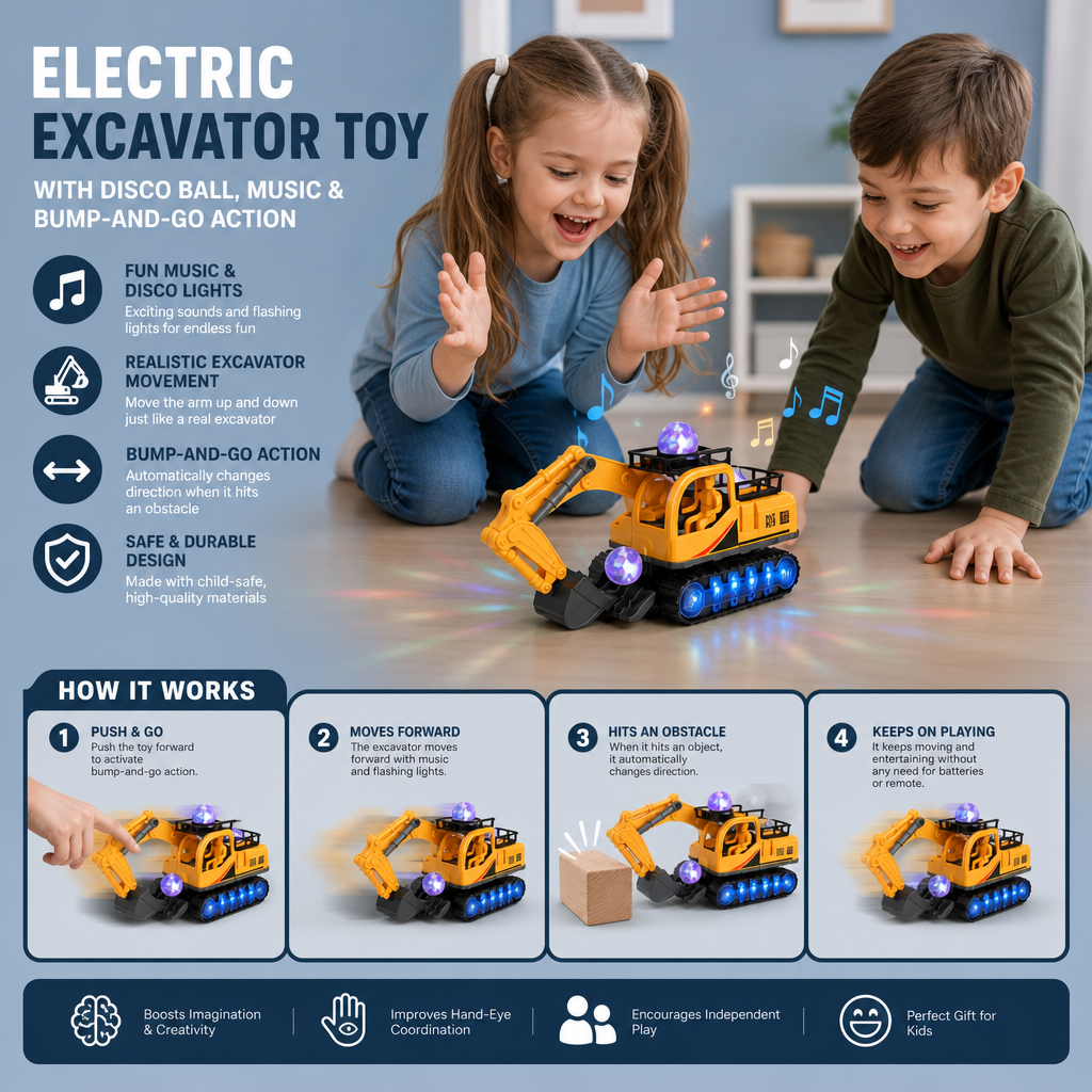 Electric Excavator Toy with Disco Ball, Music & Bump-and-Go Action