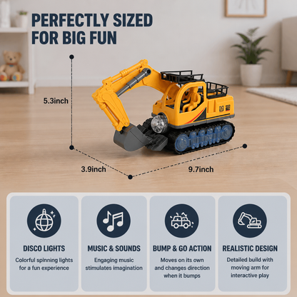 Electric Excavator Toy with Disco Ball, Music & Bump-and-Go Action