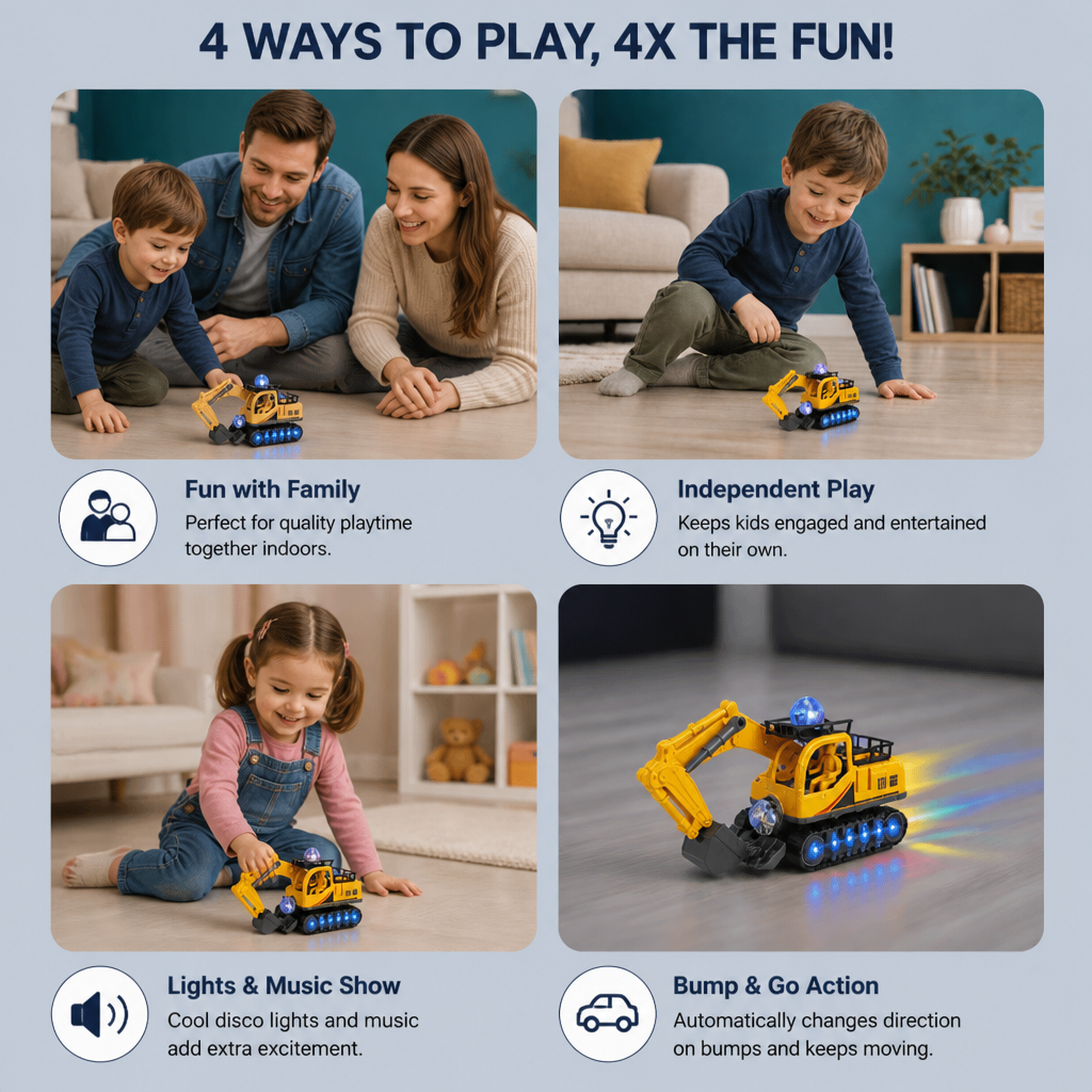 Electric Excavator Toy with Disco Ball, Music & Bump-and-Go Action