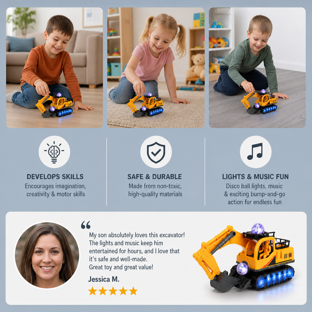 Electric Excavator Toy with Disco Ball, Music & Bump-and-Go Action