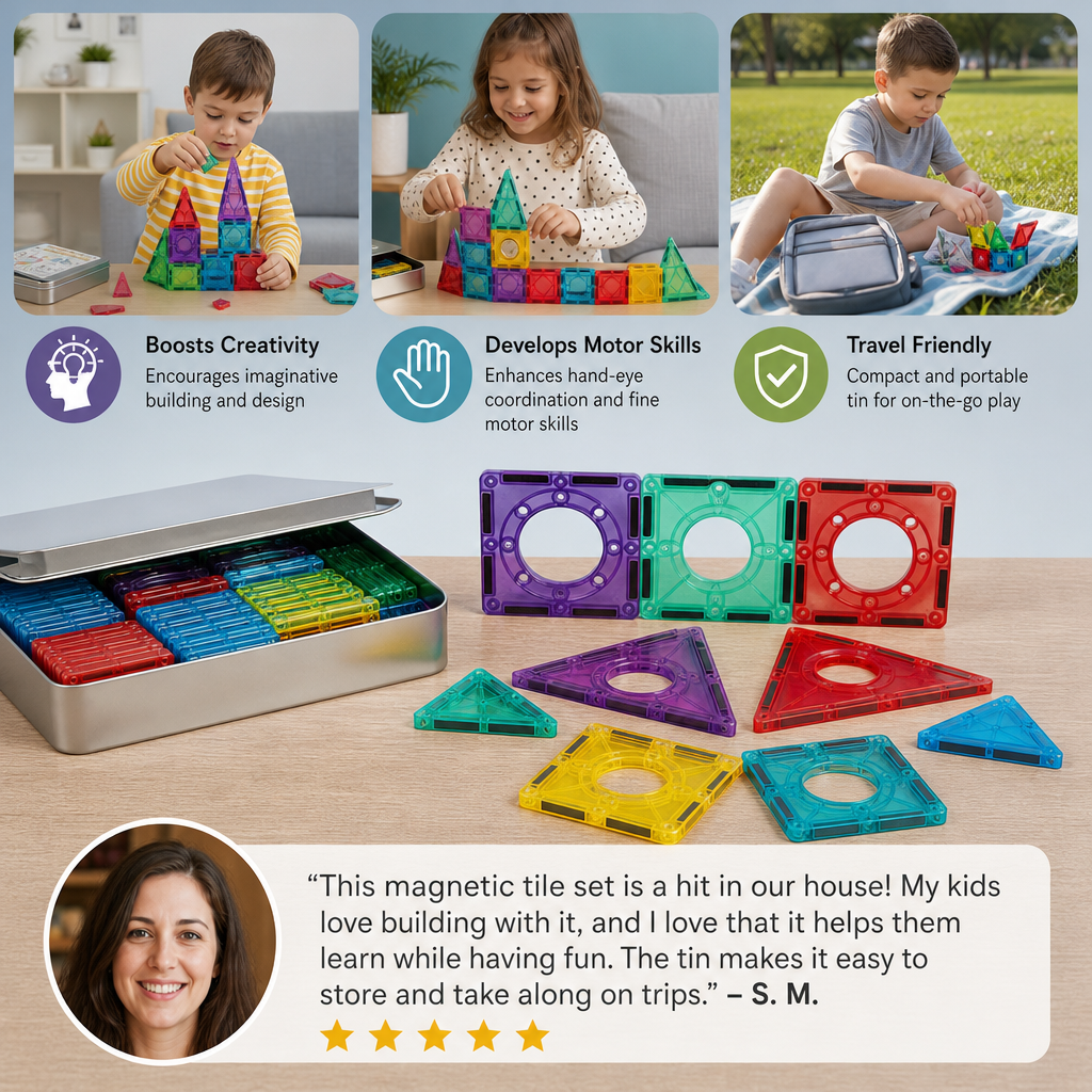 Magnetic Building Blocks Set for Kids – Travel-Friendly Storage Tin