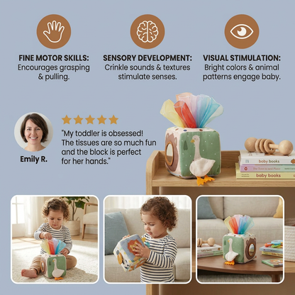 Montessori Baby Sensory Tissue Box – Soft Crinkle & Touch Activity Toy