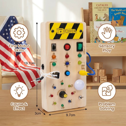 Montessori Wooden Sensory Board with Lights & Switches – Motor Skills Toy for Kids