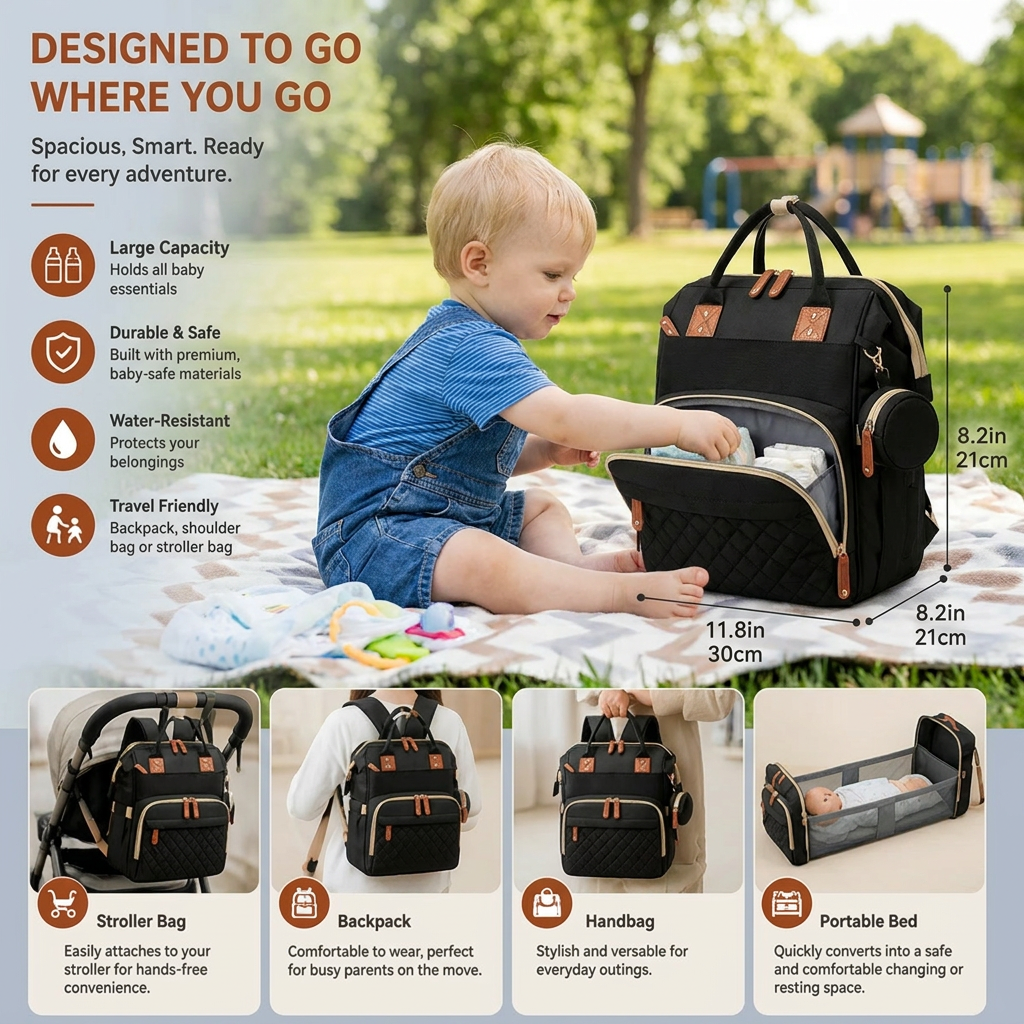 3-in-1 Travel Diaper Backpack with Foldable Baby Bed – Perfect for On-the-Go Parents
