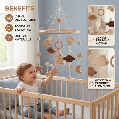 Handmade Wooden Baby Crib Mobile with Crochet Pendants – Soothing Bed Toy for Newborns