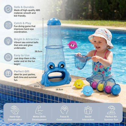 Frog Diving Pool Toy with Catch Net and Sea Animal Balls