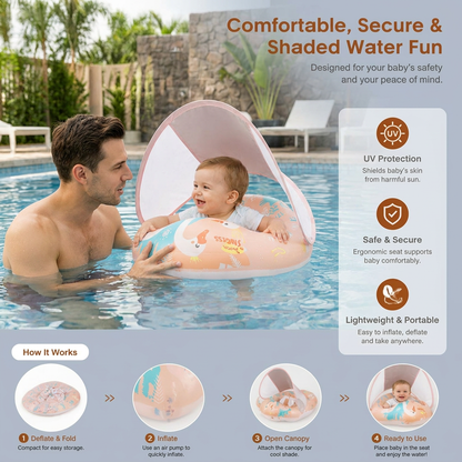 Swan Baby Swim Ring with Sun Canopy – Inflatable Safety Float Seat for Babies