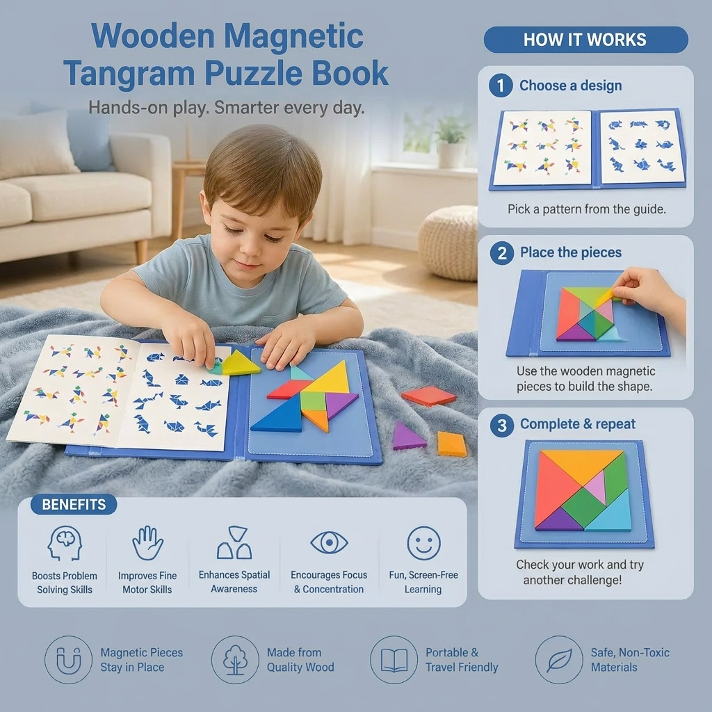 Portable Montessori Wooden Magnetic Tangram Puzzle Book Educational Toy