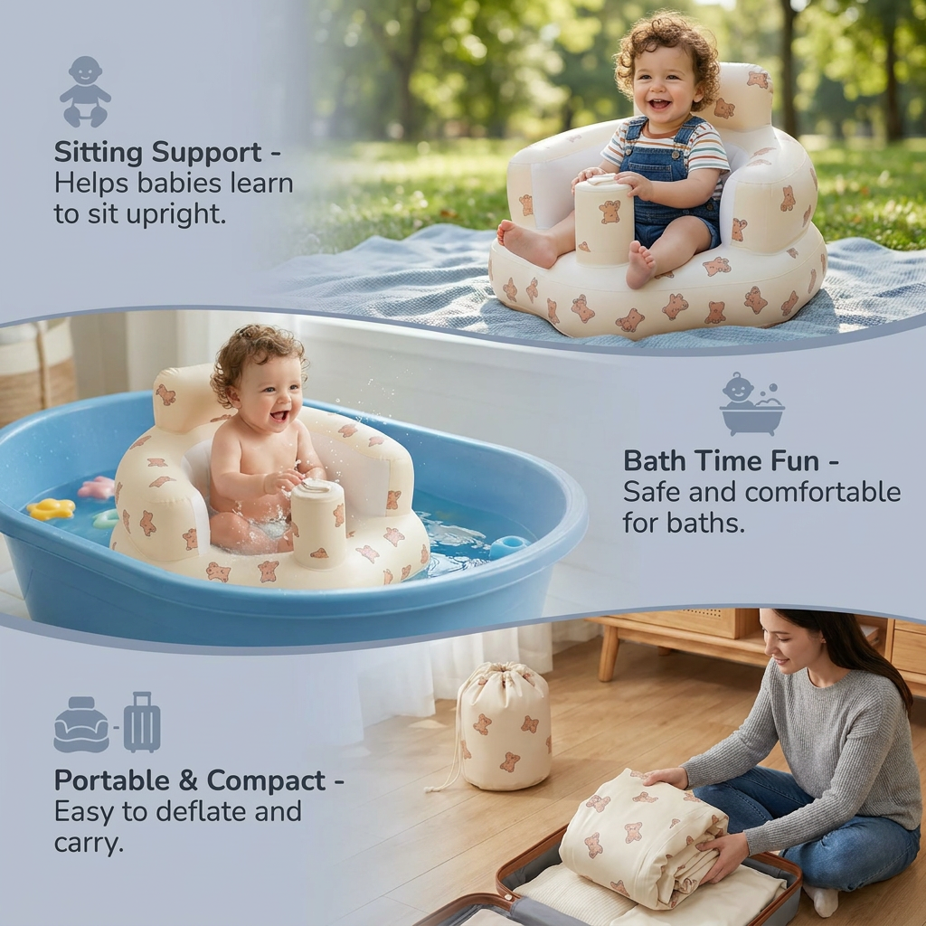 Inflatable Baby Seat with Bear Print for Sitting and Bath