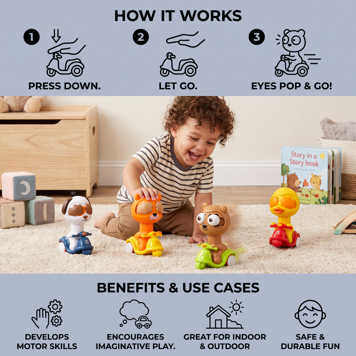 Press & Go Animal Motorcycle Toy – Cute Hide-and-Seek Character Car