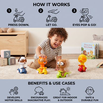Press & Go Animal Motorcycle Toy – Cute Hide-and-Seek Character Car