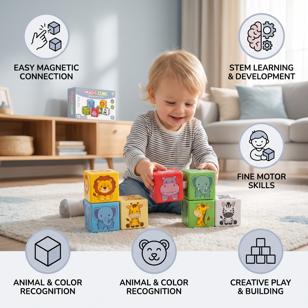 Toddler-Safe 4.2 cm Safari Animal Magnetic Building Cubes – STEM Learning Blocks
