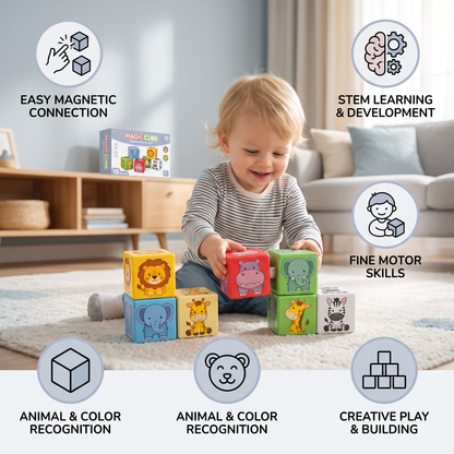 Toddler-Safe 4.2 cm Safari Animal Magnetic Building Cubes – STEM Learning Blocks