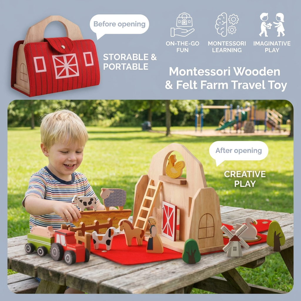 Montessori Wooden & Felt Farm Travel Toy – Perfect for On-the-Go Play