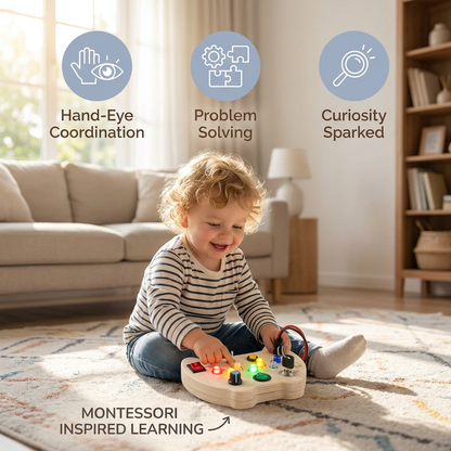 Wooden LED Busy Board Controller – Montessori Sensory Learning Toy for Motor Skills