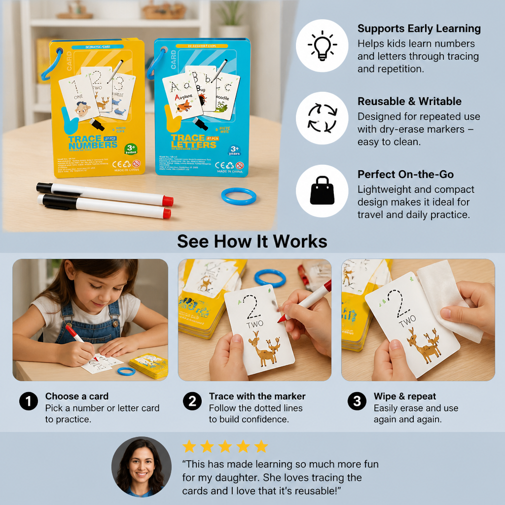 Reusable number and letter tracing book for children