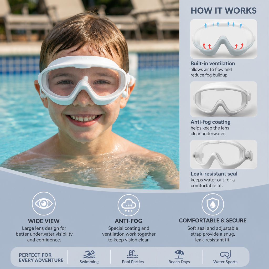 Kids Swimming goggles with large frames and anti-fog system
