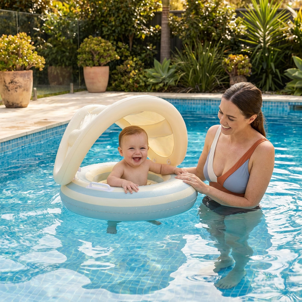 Inflatable Retro Lollipop Baby Swim Ring with Removable Sun Canopy – Secure Seat for 6–36 Months