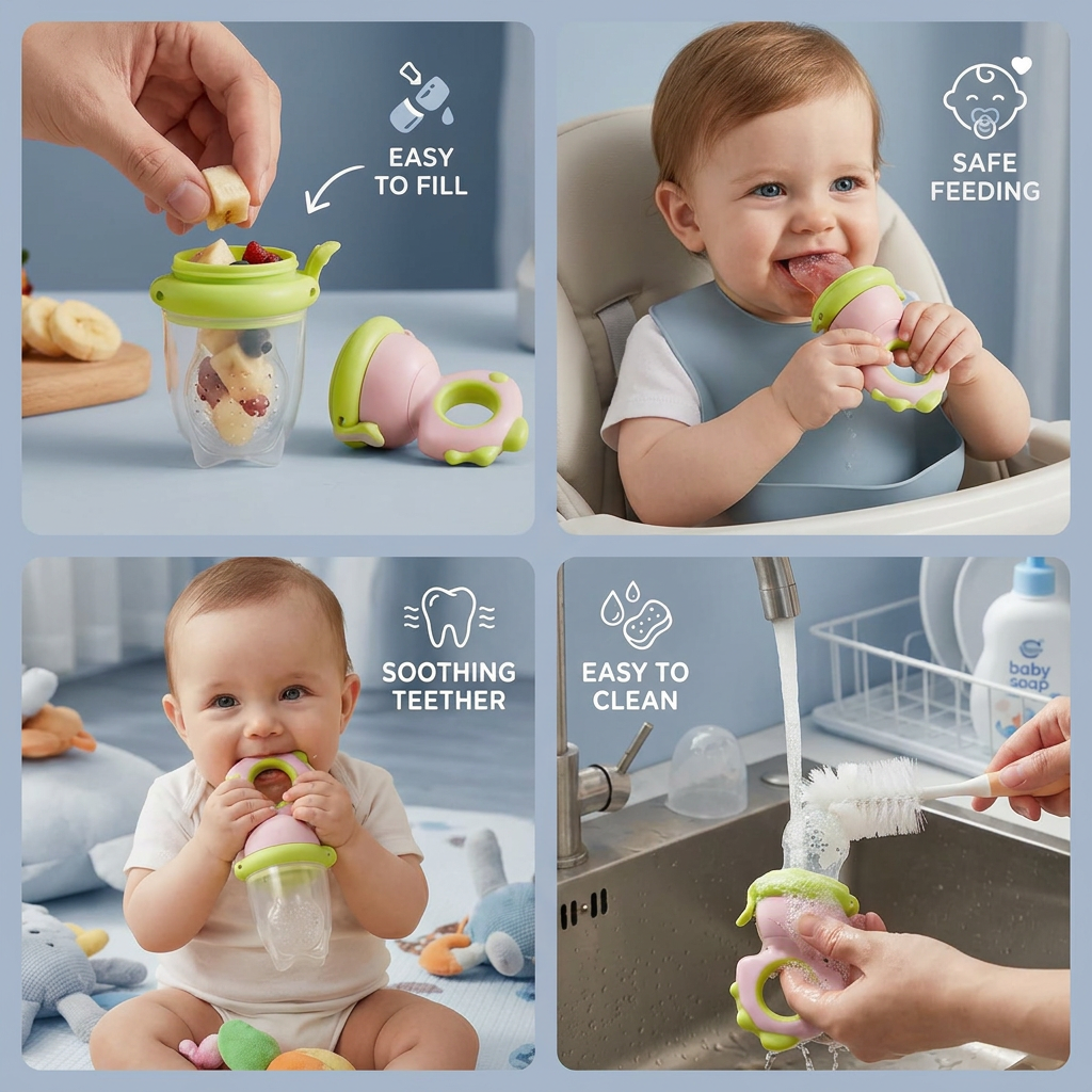 Silicone Baby Fruit Feeder & Teether with Push Mechanism
