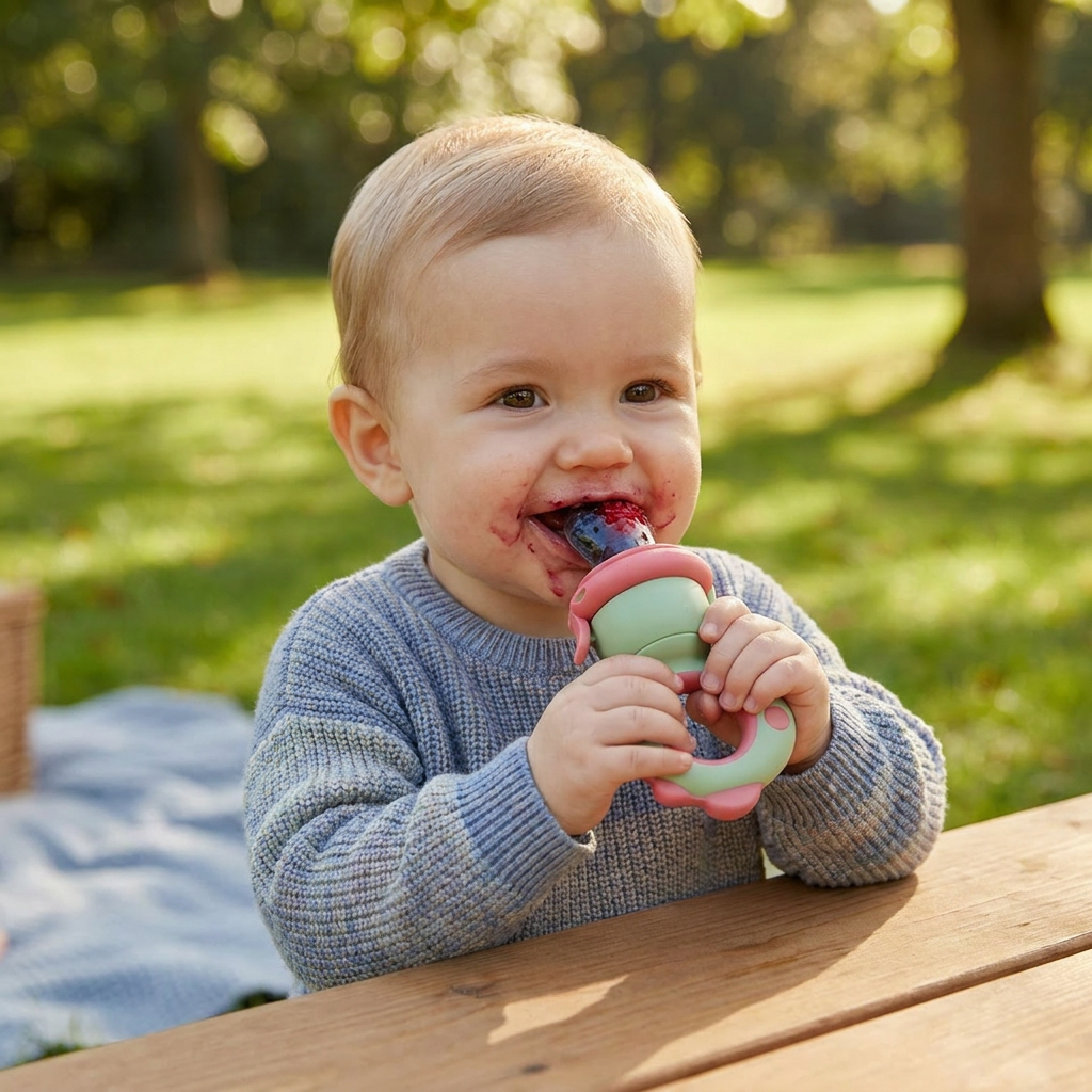 Silicone Baby Fruit Feeder & Teether with Push Mechanism