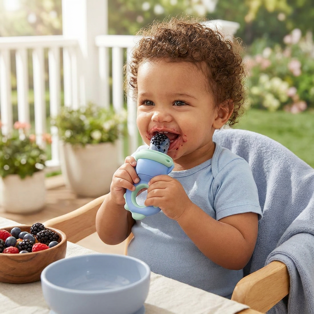 Silicone Baby Fruit Feeder & Teether with Push Mechanism