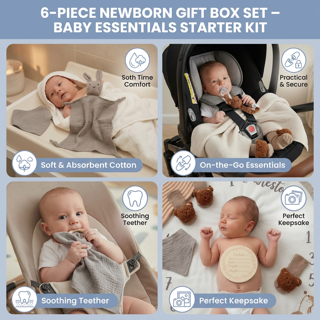 6-Piece Newborn Gift Box Set – Baby Essentials Starter Kit