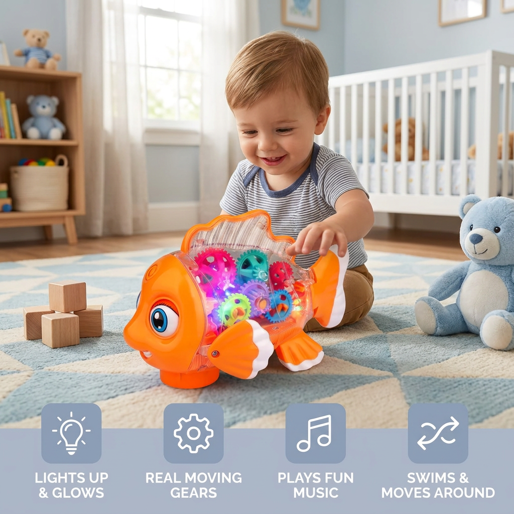 Light-Up Gear Fish Toy for Kids – Transparent Moving Gears with Music & Motion
