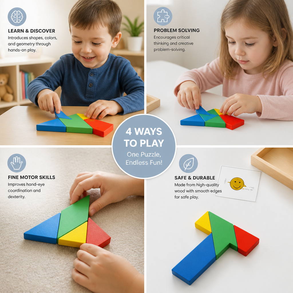 Wooden Tangram Puzzle – Montessori Geometry Learning Toy for Kids