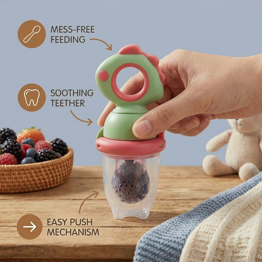 Silicone Baby Fruit Feeder & Teether with Push Mechanism
