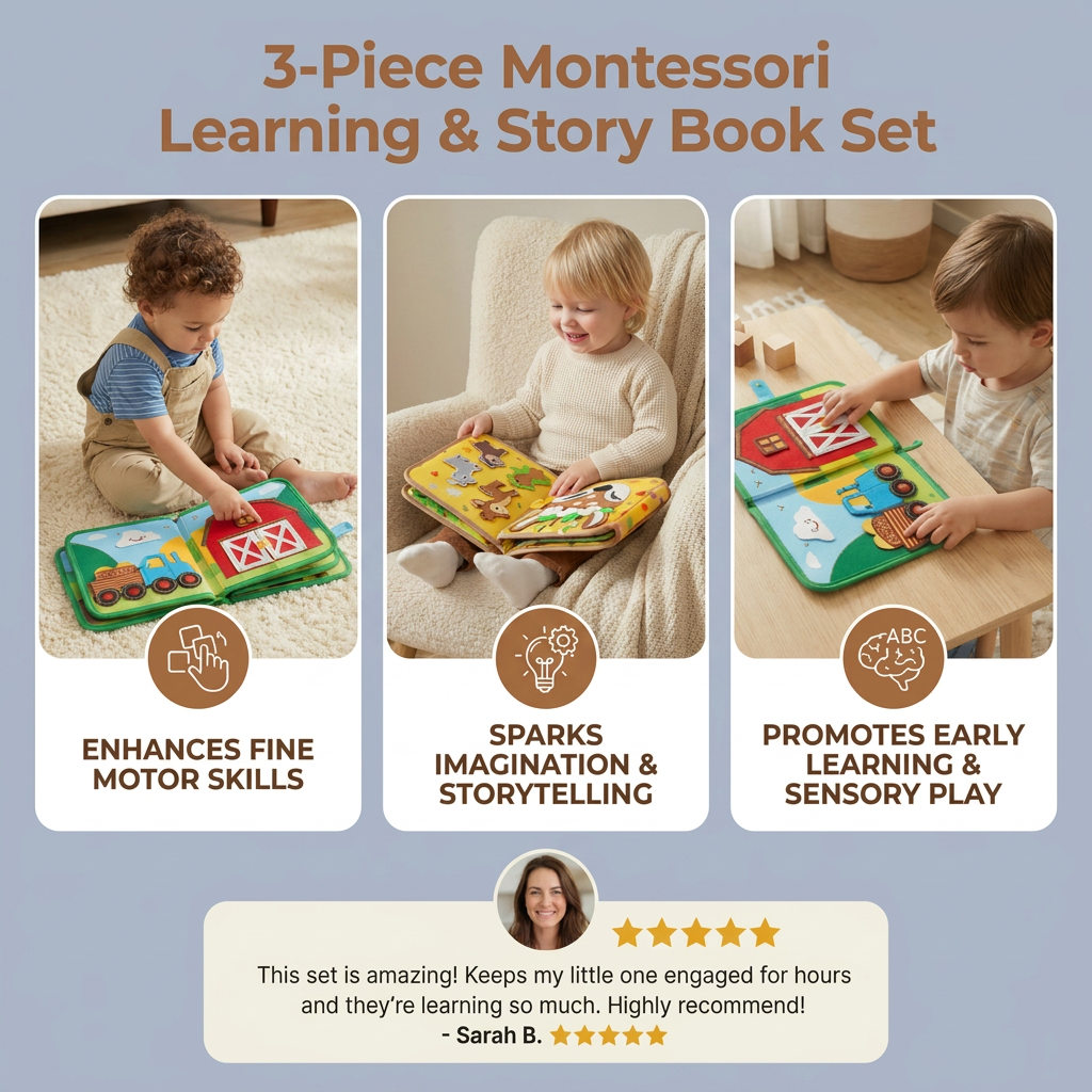 3-Piece Montessori Learning & Story Book Set for Kids