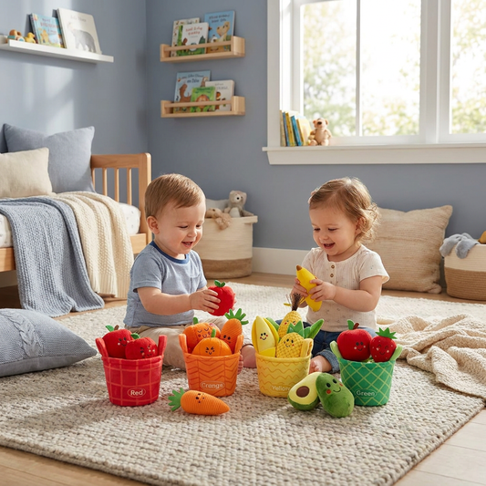 Soft Fruit & Vegetable Learning Toy for Babies – 4-Pack Color Sorting Set with Rattle and Crinkle Effect