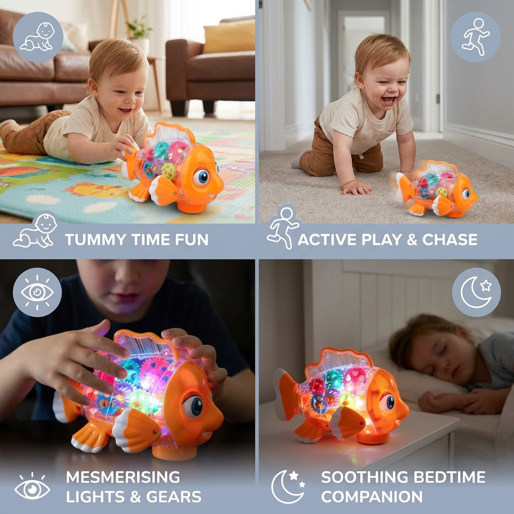 Light-Up Gear Fish Toy for Kids – Transparent Moving Gears with Music & Motion