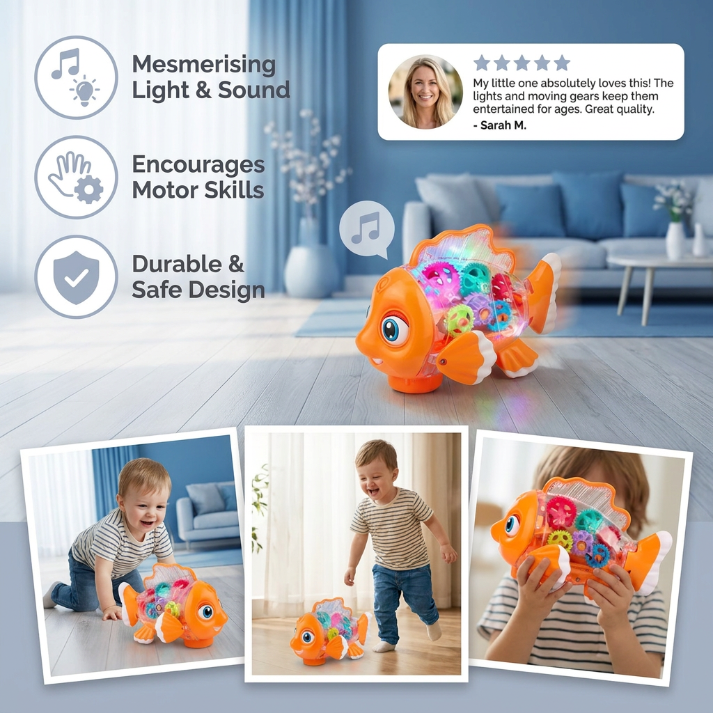 Light-Up Gear Fish Toy for Kids – Transparent Moving Gears with Music & Motion