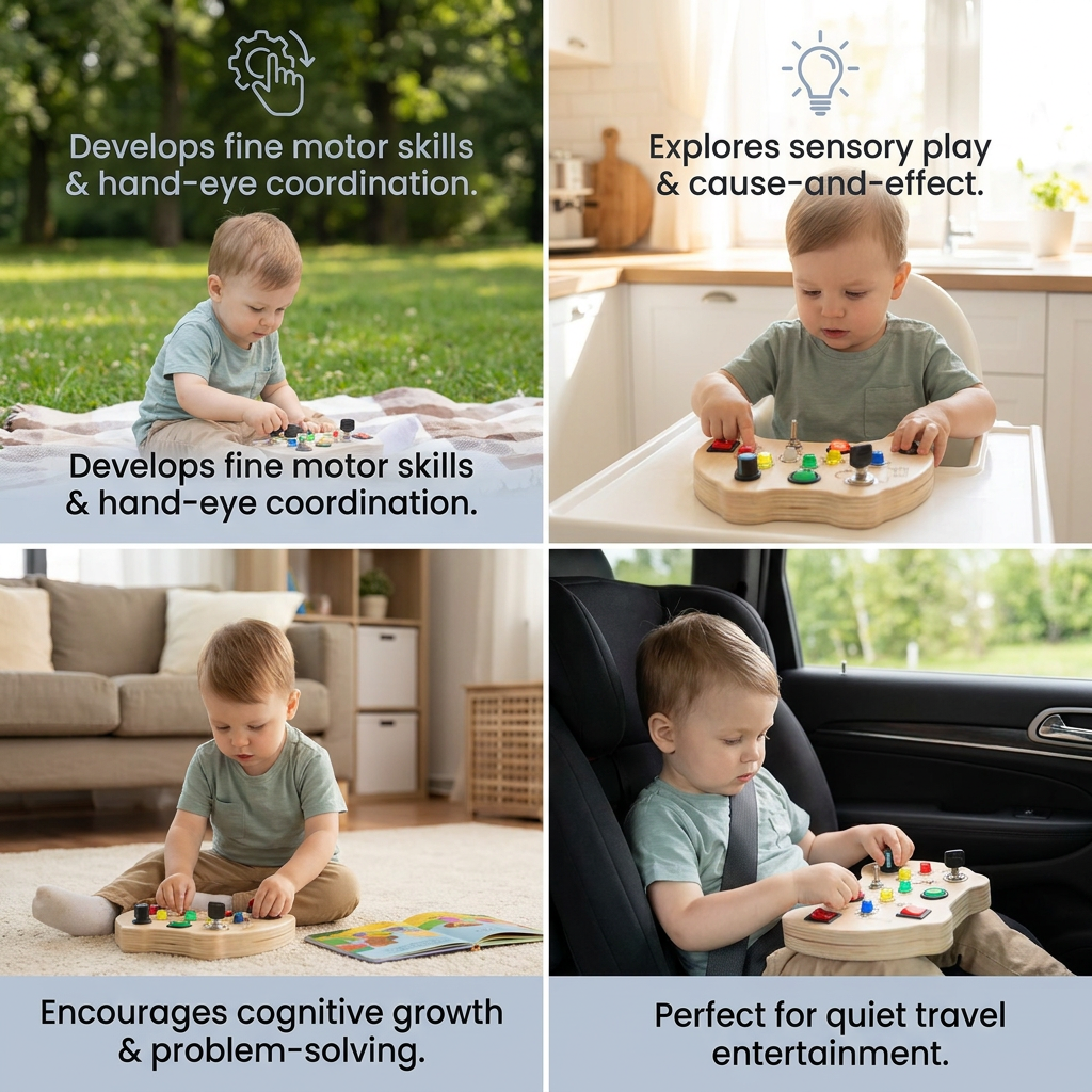 Wooden LED Busy Board Controller – Montessori Sensory Learning Toy for Motor Skills