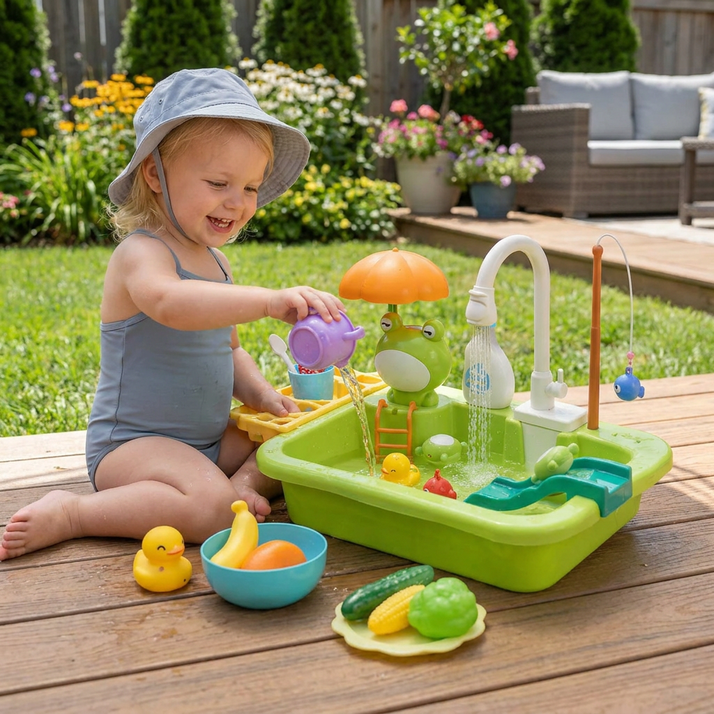 Kids Play Kitchen Sink Set with Running Water & Fishing Game
