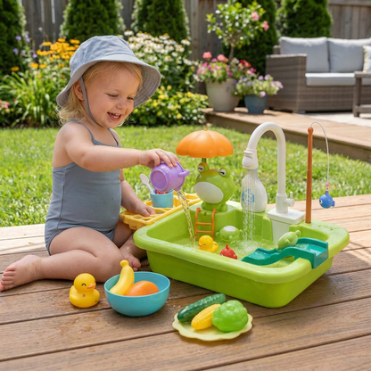 Kids Play Kitchen Sink Set with Running Water & Fishing Game