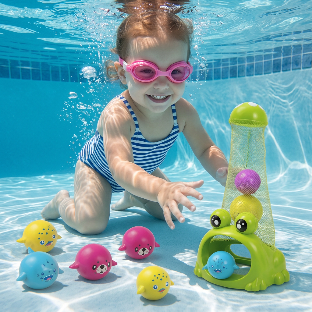 Frog Diving Pool Toy with Catch Net and Sea Animal Balls