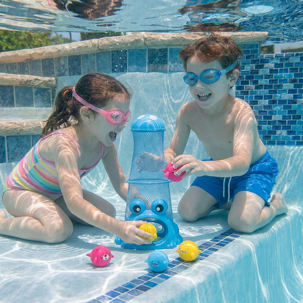 Frog Diving Pool Toy with Catch Net and Sea Animal Balls