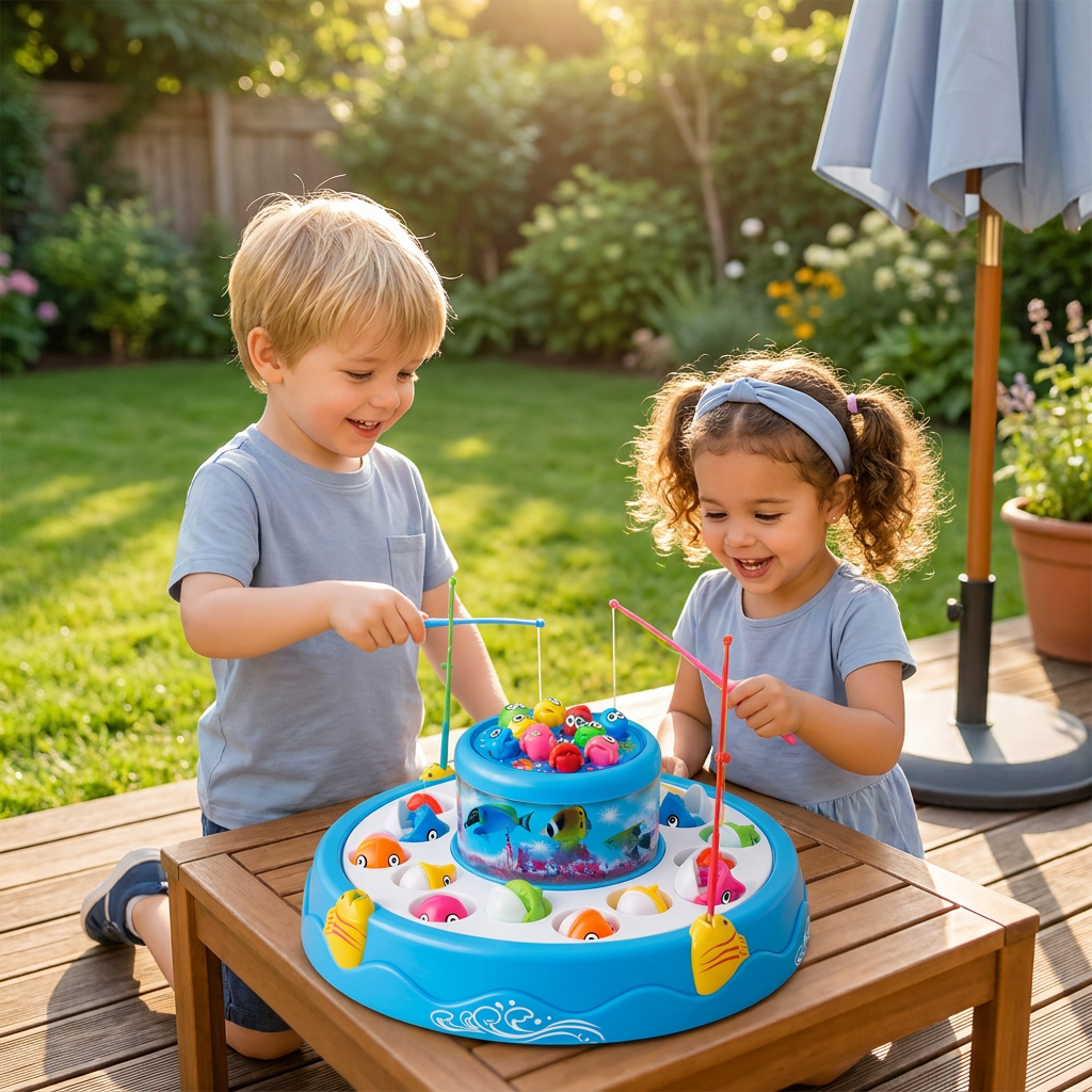 Electric Rotating Fishing Game Toy with Music and Colorful Fish