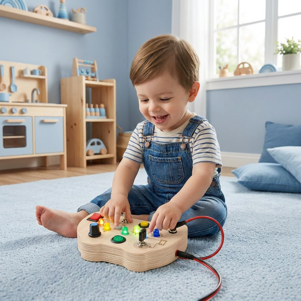 Wooden LED Busy Board Controller – Montessori Sensory Learning Toy for Motor Skills