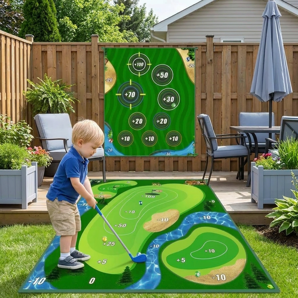 2in1 Golf Training & Play Set – Indoor & Outdoor Swing Mat with Target Wall & Club