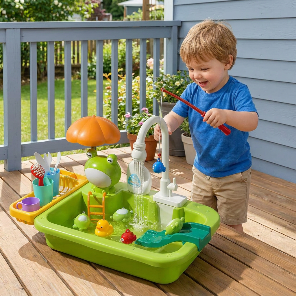 Kids Play Kitchen Sink Set with Running Water & Fishing Game