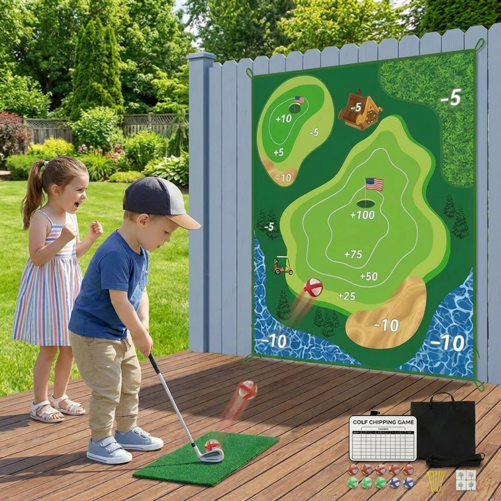 2in1 Golf Training & Play Set – Indoor & Outdoor Swing Mat with Target Wall & Club