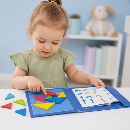 Portable Montessori Wooden Magnetic Tangram Puzzle Book Educational Toy