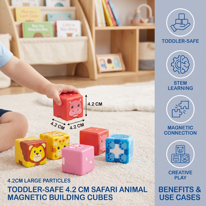 Toddler-Safe 4.2 cm Safari Animal Magnetic Building Cubes – STEM Learning Blocks