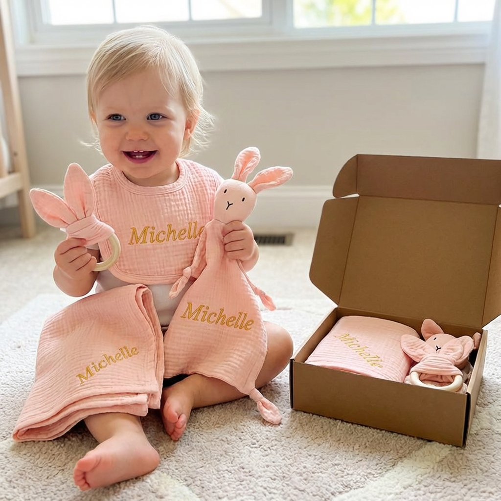 Personalized 4-Piece Newborn Gift Set – Muslin, Bunny Comforter, Teether & Bib (100% Cotton)