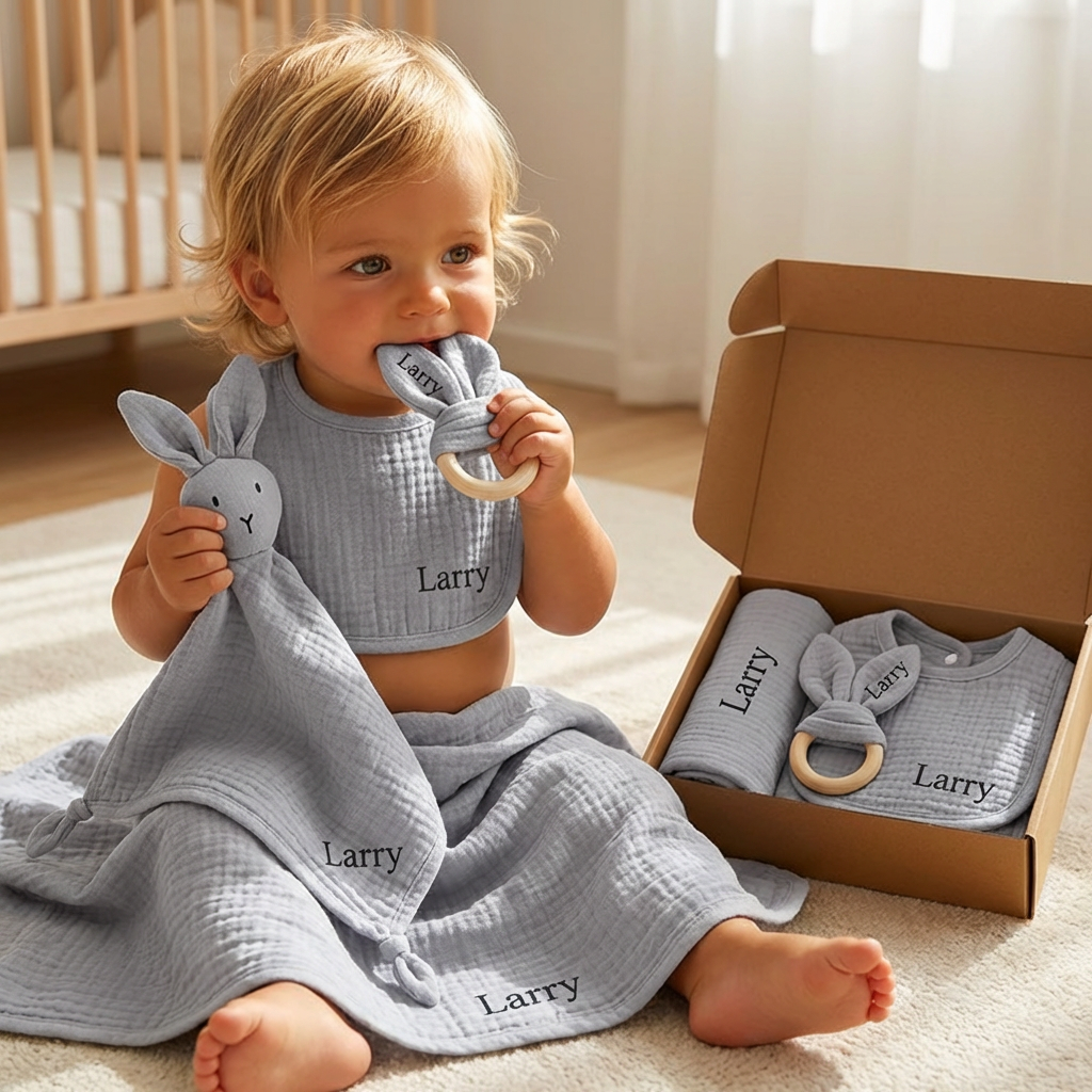 Personalized 4-Piece Newborn Gift Set – Muslin, Bunny Comforter, Teether & Bib (100% Cotton)